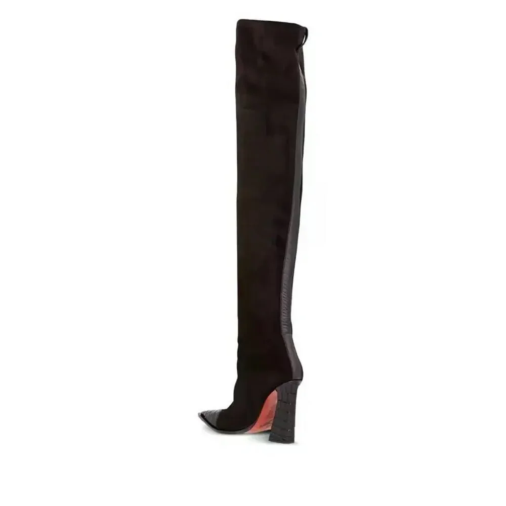 NEW SONORA Over Knee Pasilla Croc-Detail Black Boots 39 US 8 Black Italy $1403